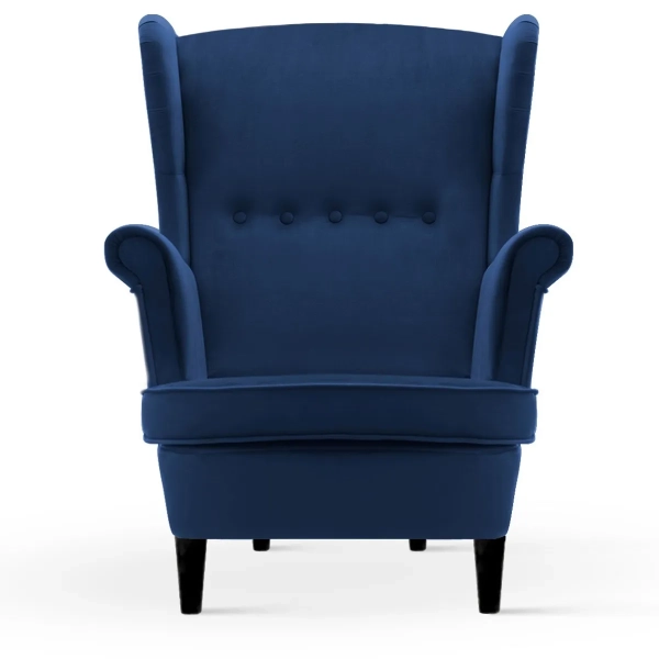 FOTEL USZAK Z GRANATOWEGO WELURU DO SALONU NA DREWNIANYCH NOGACH - PRZÓD